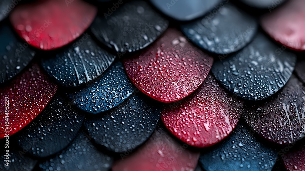 Poster macro shot of dark scales pattern with water drops, alternating black and red metallic surfaces crea