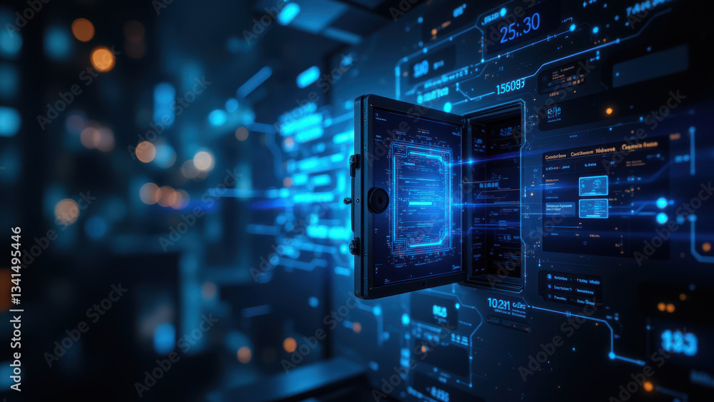 Poster cybersecurity infrastructure with kubernetes clusters, digital interfaces, and blue glow of data str