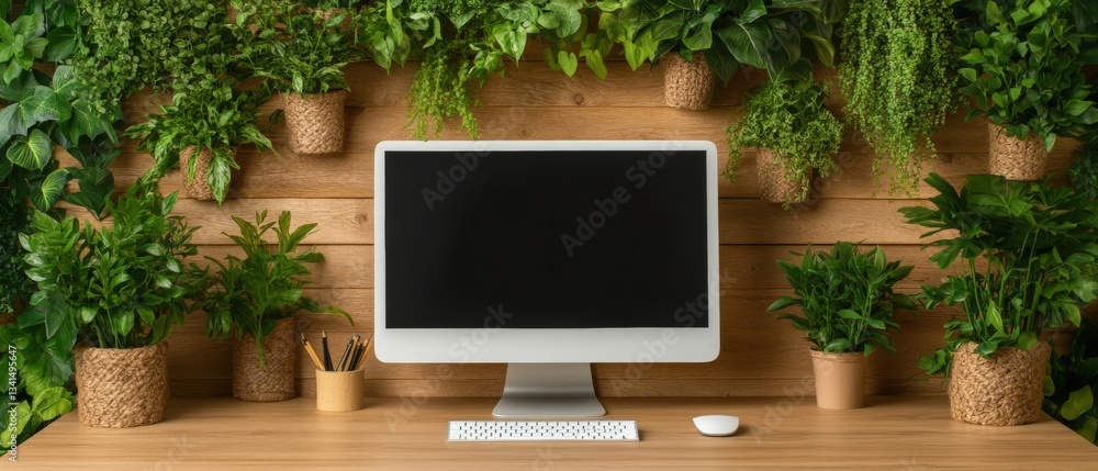 Poster computer screen on a desk surrounded by lush green plants creating a fresh and inviting work environ
