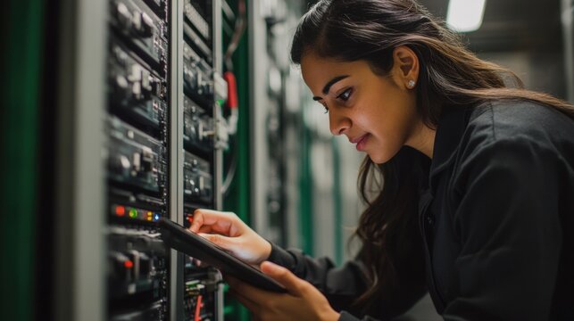 Tech Savvy South Asian Female IT Technician Securing Hardware in Server Rack with Tablet Assistance