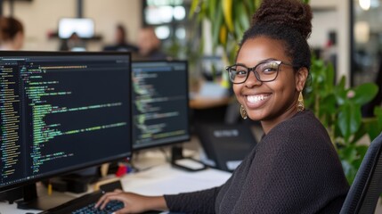Fototapeta premium Empowered Black Female Software Developer Leading Team Collaboration