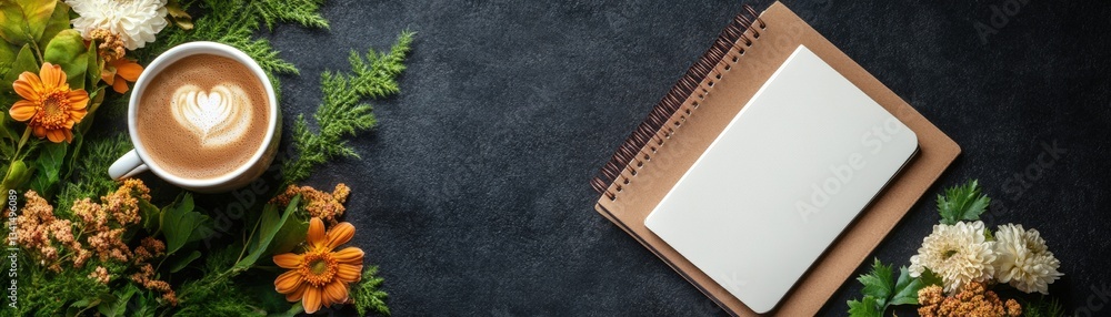 Poster cozy flat lay of a cup of coffee and an open notebook with blank pages ready for thoughts and ideas