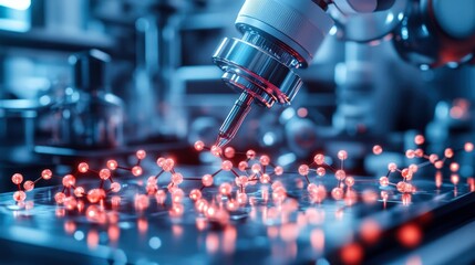Robotic Drug Discovery Surrounded by Glowing Molecular Particles in a Futuristic Lab Setting