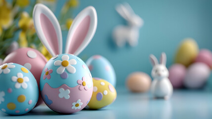 Playful 3D Rendered Easter Eggs with Bunny Ears and Pastel Flowers
