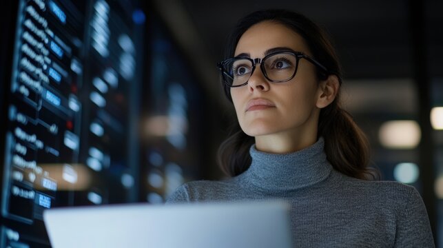 Cybersecurity Analyst Monitoring Hacking Attempts in High-Tech Server Room