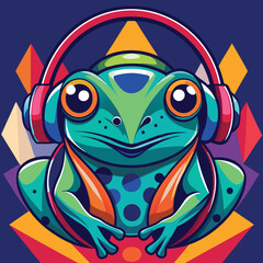 modern frog wearing headphones  in a vibrant, colorful environment.