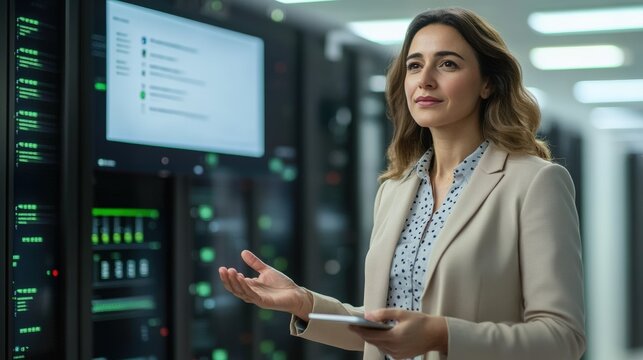 Leading Virtual Meeting: Middle Eastern Female IT Project Manager Presenting Digital Security Framework in Data Center