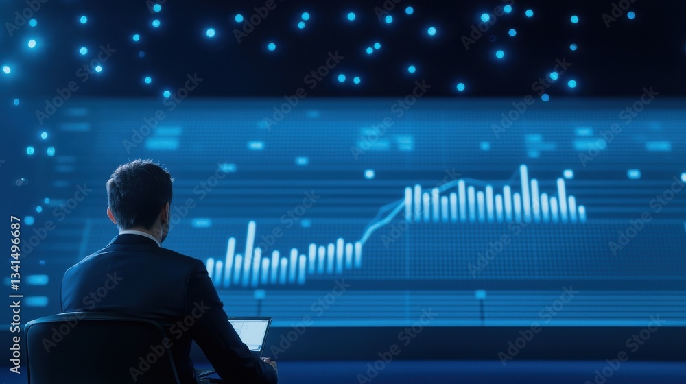 Poster business professional analyzing data with digital graph in dark room