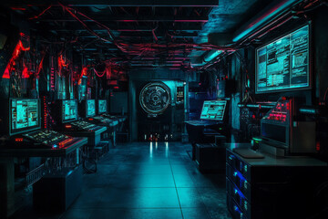 A hidden underground cyber lab 3D background room with rows of powerful supercomputers, glowing neon cables running along the walls, and secret research documents displayed on holographic monitors.