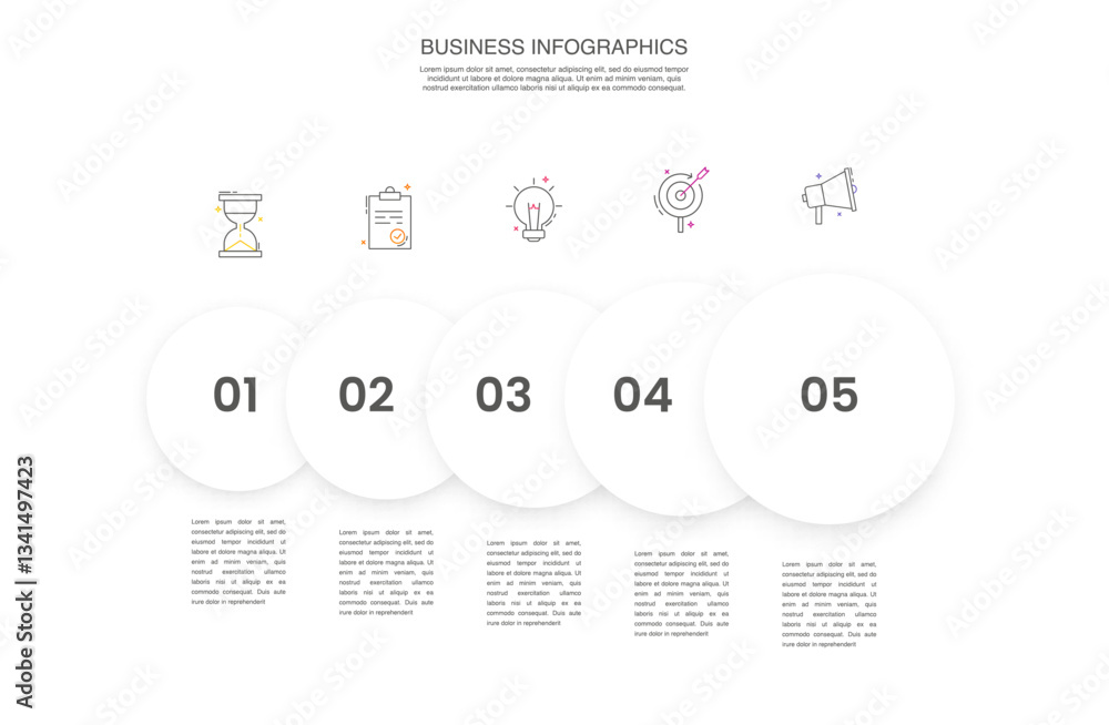 Poster engaging 5-step infographic with colorful circles - vector template file for presentations and repor