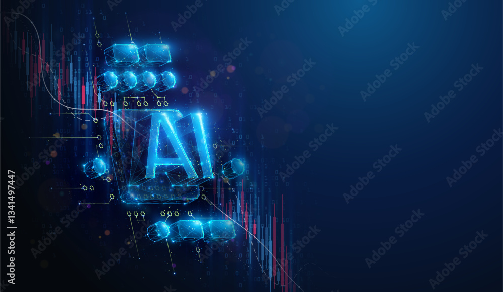 Poster lowpoly ai cpu chip over stock market crash chart. abstract geometric illustration on artificial int