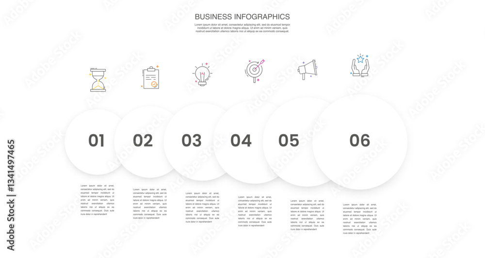 Poster engaging 6-step infographic with colorful circles - vector template file for presentations and repor