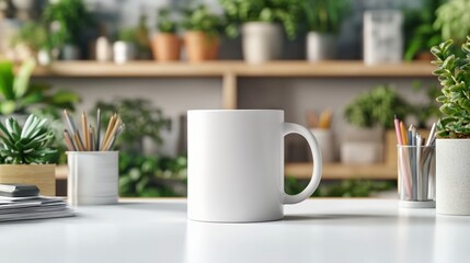 Simple white mug positioned on a desk in photo realistic display for stylish workspace and daily inspiration