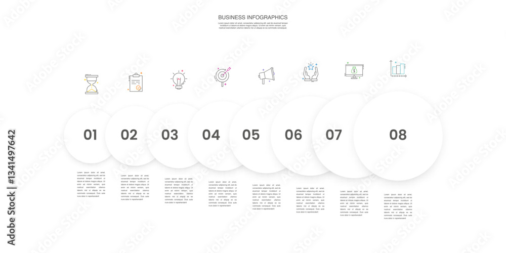 Poster engaging eight-step infographic with colorful circles - vector template file for presentations and r