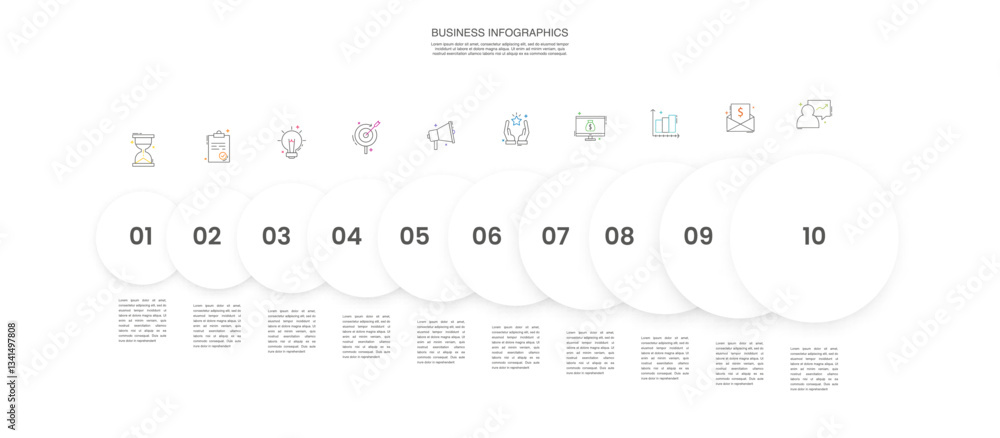Poster engaging 10-step infographic with colorful circles - vector template file for presentations and repo