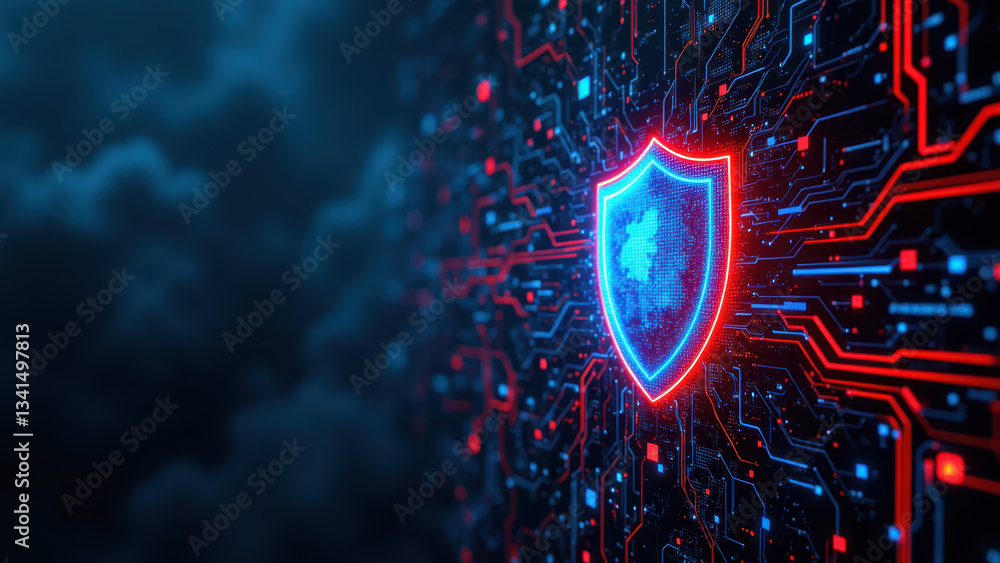 Poster shield emblem against a digital backdrop with red and blue circuitry representing cybersecurity prot