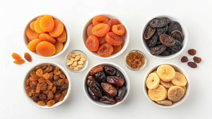 Obraz premium Dried Fruit Collection: Top-Down View of Apricots, Dates, Figs, Raisins, and Berries in Bowls
