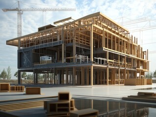 Obraz premium Wood Frame Construction Site with Crane and Cloudy Blue Sky during Daytime