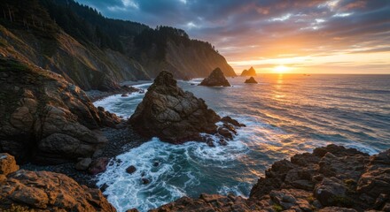 Fototapeta premium Ocean Sunset at Rocky Coastline with Dramatic Clouds and Golden Light
