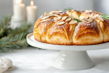 Festive almond topped brioche wreath on a cake stand adorned with sprigs of rosemary and soft candlelight background