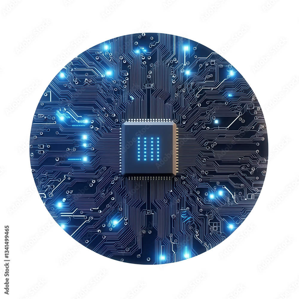 Poster digital circuit board with intricate connections and glowing elements. isolated on white background