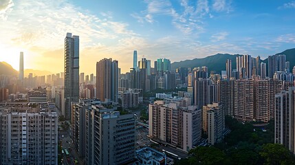 A city skyline with a beautiful sunset in the background