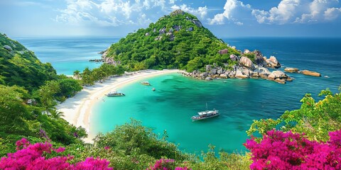 Serene Tropical Beach with Crystal Clear Water and Lush Greenery