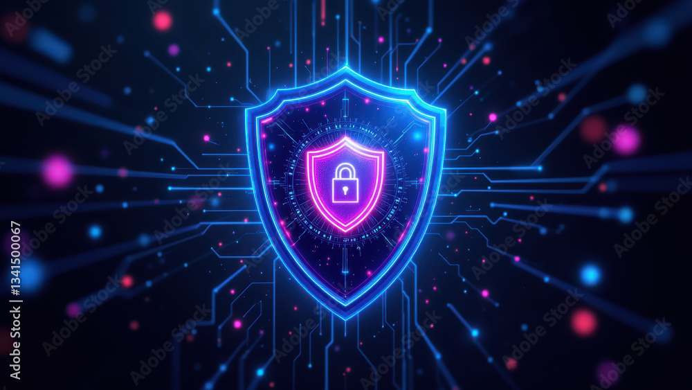 Poster a vibrant graphic design with a cyber shield symbolizing security, set against a background of digit