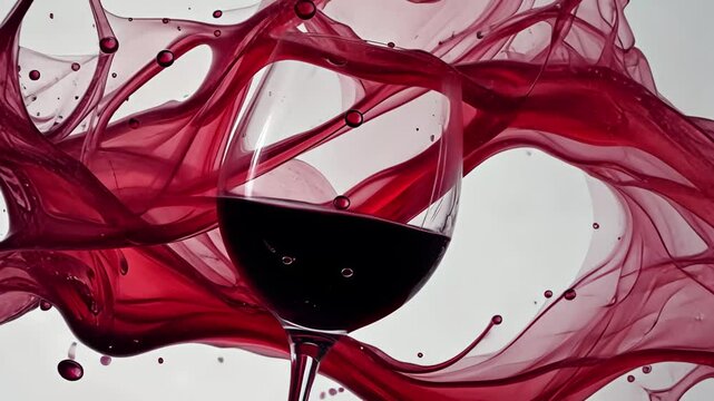 Shattering a glass of red wine in creates a beautiful display of splashes and droplets, Breaking the glass of red wine in on white background