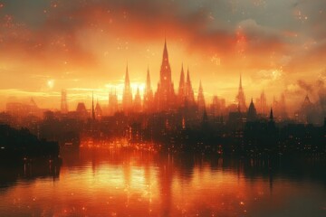 Naklejka premium Cityscape Transformed by Time Travel Featuring a Surreal Atmosphere With Glowing Lights and Shrouded Buildings