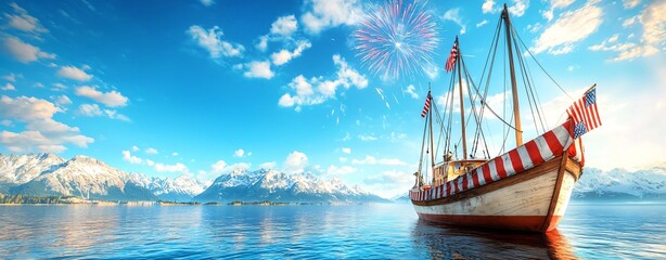 Patriotism on the Lake Sailboat with American Flags and Fireworks
