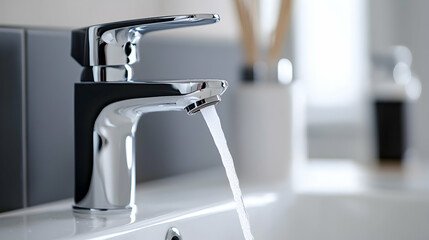 Closeup of a Modern Chrome Faucet with Flowing Water in a Clean Bathroom Sink