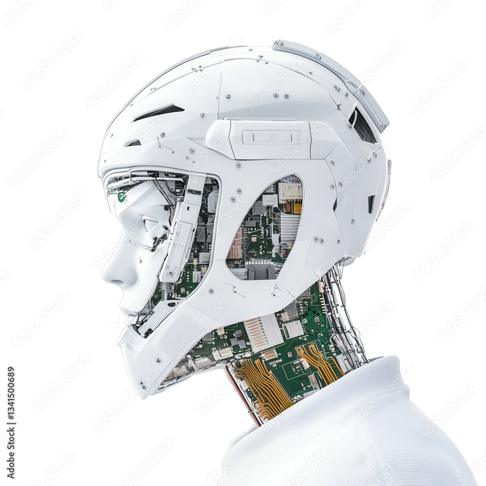 Poster futuristic robotic head with intricate circuitry design. isolated on white background