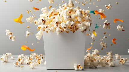 Delicious popcorn falling from a classic white box creating a playful scene perfect for movie nights and snack time