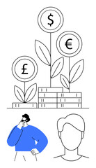 Currency signs grow on plants alongside stacked coins, reflecting economic growth, profit, and savings potential. Ideal for finance, investments, economy, profit, risk analysis growth strategies