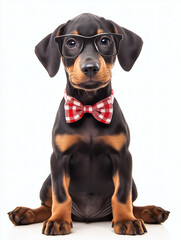 Obraz premium Adorable Doberman Puppy in Glasses and Bowtie: Cute & Funny Pet Portrait for Dog Lovers
