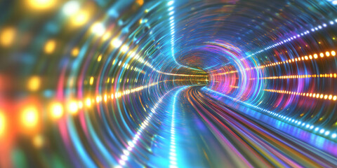 Obraz premium A dynamic 3D background showcasing a tunnel of concentric glowing rings, pulsating with electric energy. The vibrant neon hues add a futuristic and high-tech vibe to the composition.