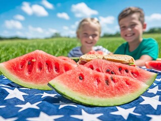 Summer Picnic with Watermelon and Sandwiches.