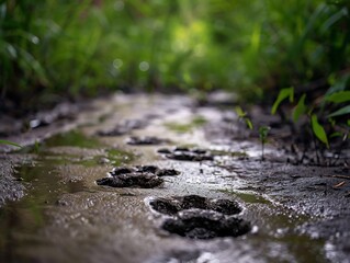 Fototapeta premium Tasmanian Devils pawprints mud of riparian zone leading toward dense thicket The composition tells a story of unseen movement with soft focus on the background vegetation Shot with a 300mm lens at f5