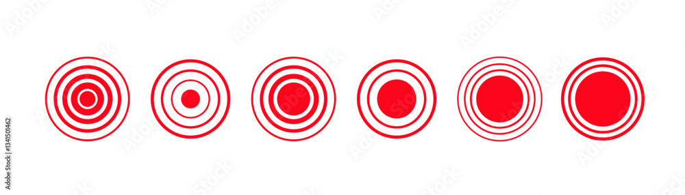 Poster six red circles, each with unique ring patterns and different center sizes, arranged in a line.