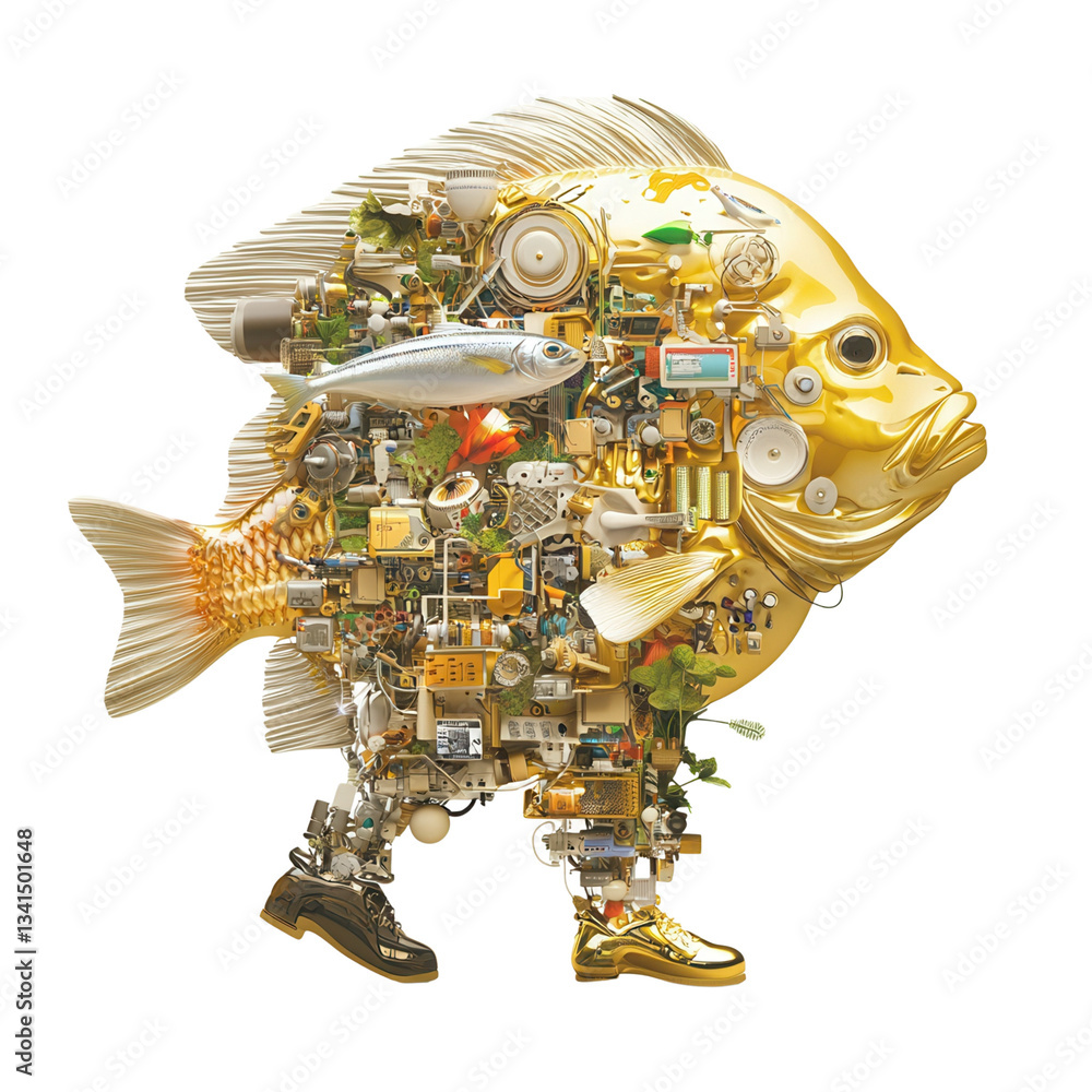 Poster a mechanical fish composed of various intricate materials and elements. isolated on white background