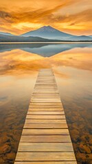 Golden hour at mountain lake reflected in calm waters with wooden pier