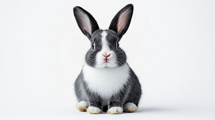 Fototapeta premium Charming close-up of a fluffy black and white bunny, perfect for Easter greetings, pet care themes, or children's products with ample copy space for branding.