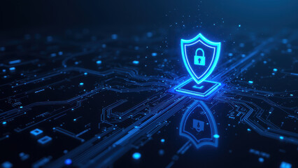 Cybersecurity graphic with a blue shield and digital circuit board background.