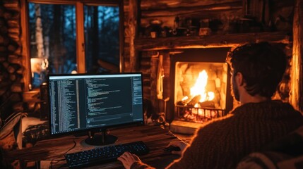 Software engineer coding remotely in rustic cabin with warm fireplace glow