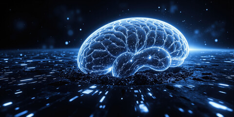 Artificial Intelligence Consciousness A massive, translucent AI brain hovering in deep space, connected to endless glowing data streams. The surreal cosmic atmosphere