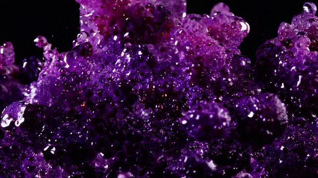 An eruption of deep violet berry juice droplets rushing toward the camera in slow motion, glossy and slightly sticky with a rich, organic texture, reflecting subtle purple hues under studio lighting 