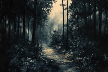 Obraz premium Mysterious forest pathway shrouded in fog, showcasing dark trees and light filtering through foliage, creating a serene atmosphere for nature lovers