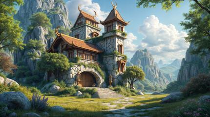 Fototapeta premium A large stone building with a roof and a balcony