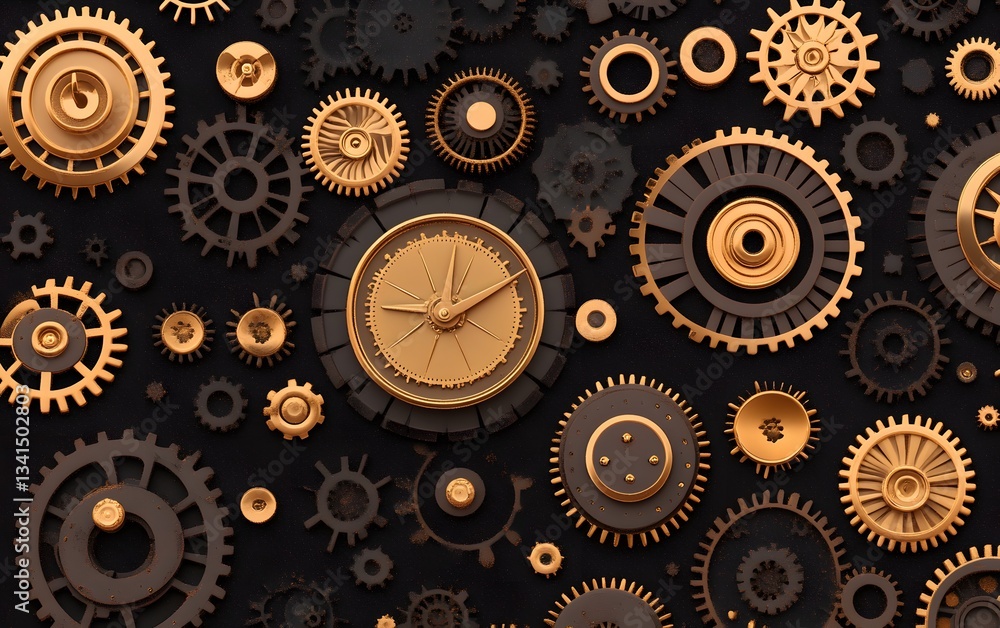 Poster quirky steampunk gears and clockwork elements interlocking in a mechanical, metallic-inspired design